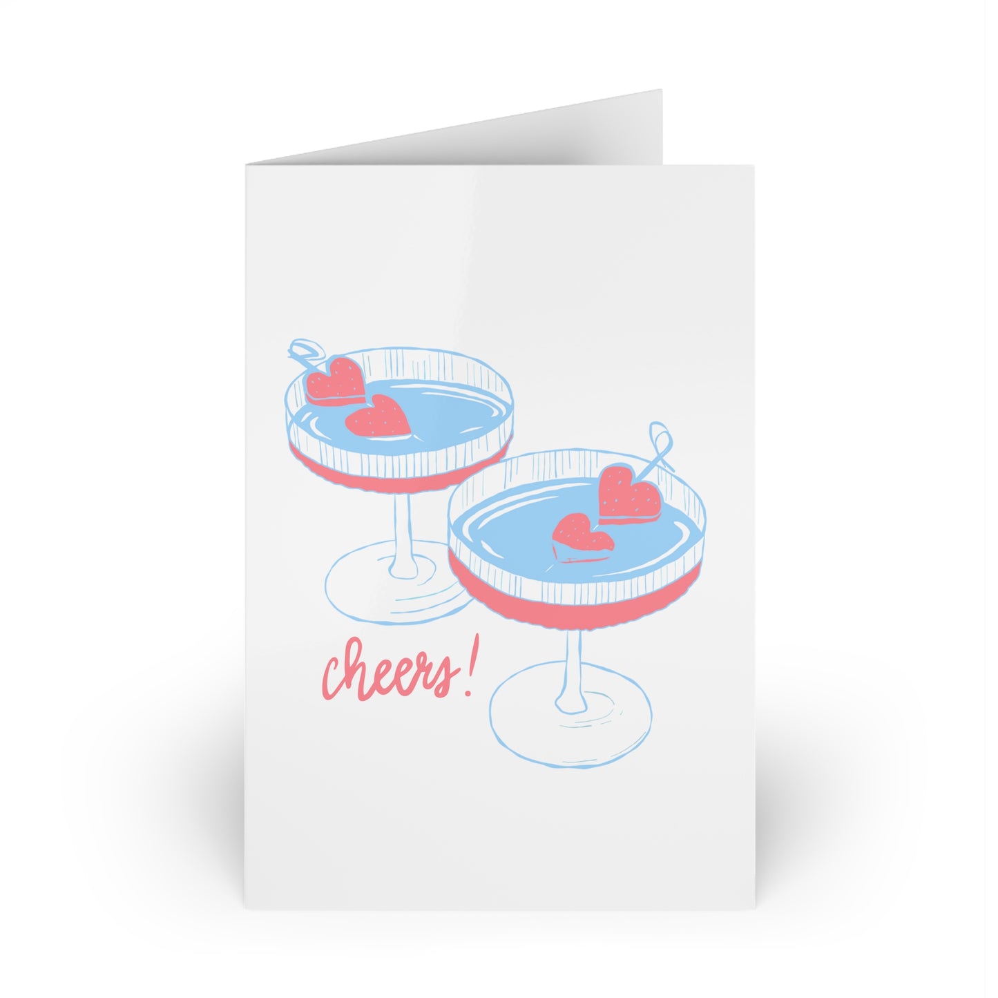 Greeting Cards, Cocktail Cheers Card for Celebrations, Set of 10, Blue Pink Stationery, Party Invites, Holiday Thank You Notes