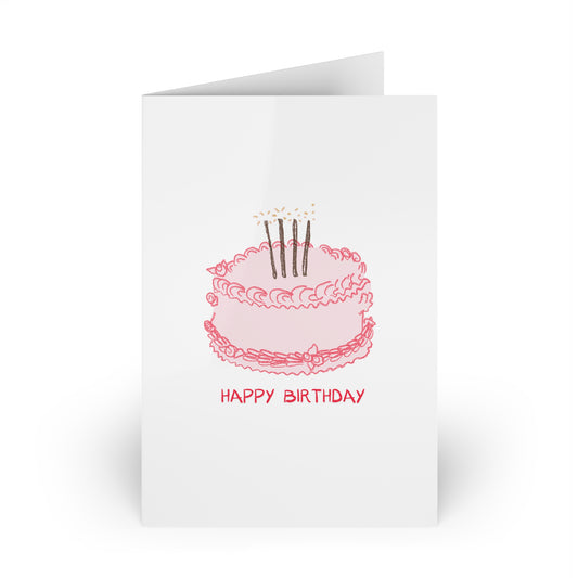 Greeting Cards - Pink Cake Happy Birthday Card, Party Invitations, Celebration Stationery, Festive Occasion Cards, Event Cards